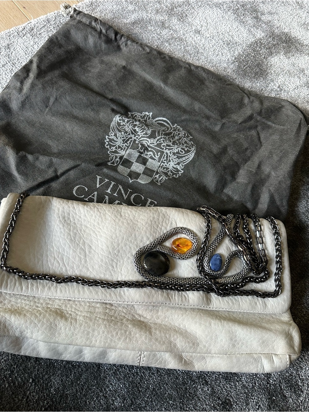 Vince Camuto white leather chain clutch with gem accents
